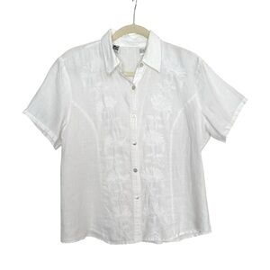 Irish Linen White Embroidered Button Front Shirt Short Sleeve Cottage Coastal L